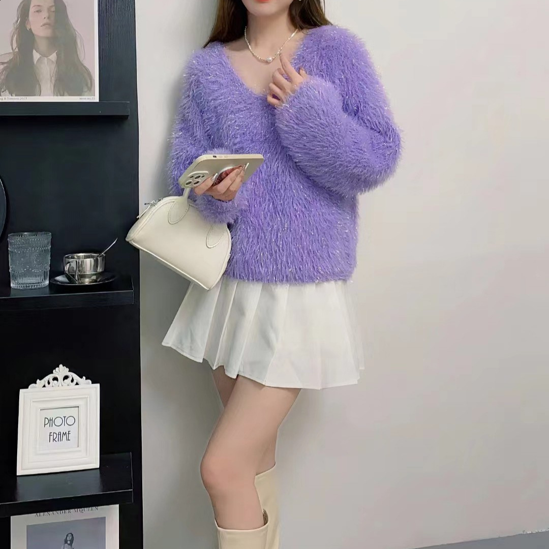 Soft Faux Mink Velvet Short Sweater for Women New Autumn Winter Lazy Style Loose Shiny Knitted VNeck Top 210430