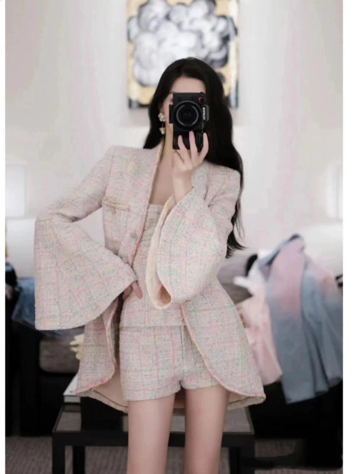 Long Jacket for Women Fine Tweed Tailcoat Flared Sleeve Wool C 250912