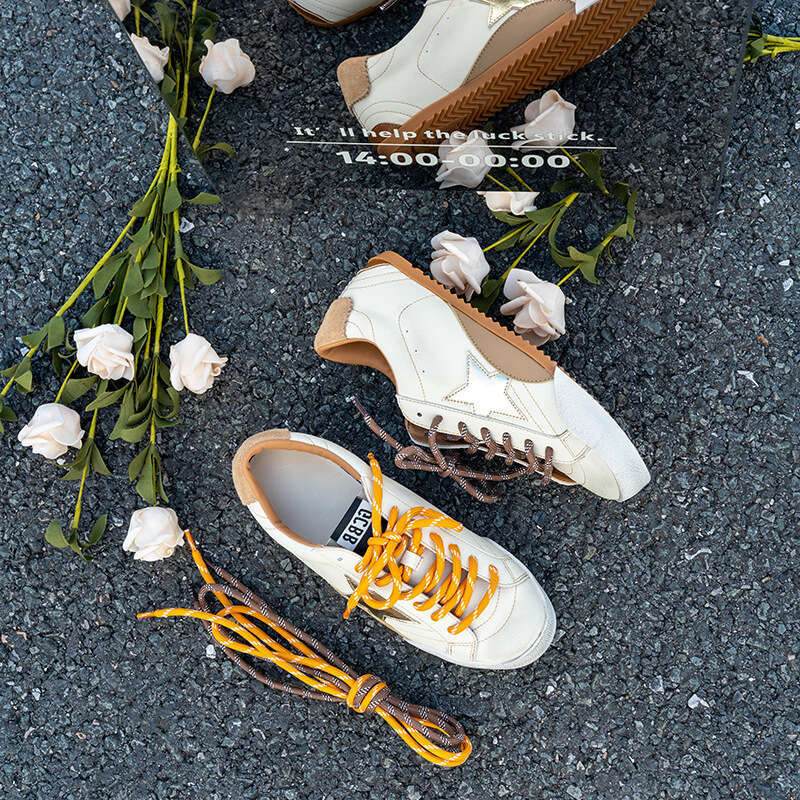 Genuine Leather Inner Height Increase Star Distressed Little Dirty for Women Korean Version Versatile Color Block Lace-up Casual Sports White Shoes