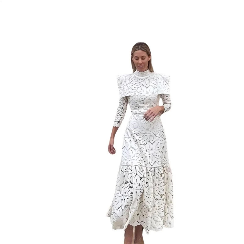 Elegant Hollow Out Long Dress Women High Collar Long Sleeve Slim Solid Dresses 2025 Spring Summer Patchwork Lady Party Robe 250912