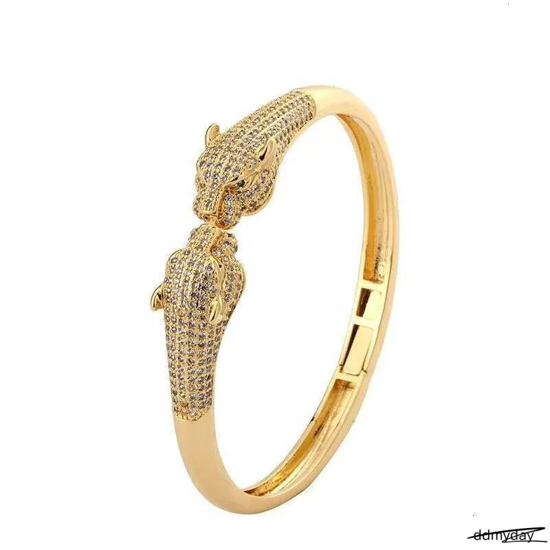 Leopard Print Open Cuff Bracelet - Gold Plated Hip Hop Bangle With Zircon Stones | Animal Jewelry For Women & Men ddmyDay
