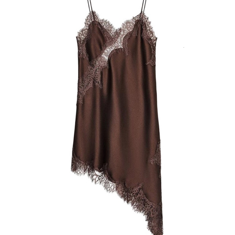 Brown Satin Sexy Lace Spliced Short Sling Dress Women Vneck Sleeveless Backless Asymmetric Party Dresses 2025 Summer Lady Robes 250912