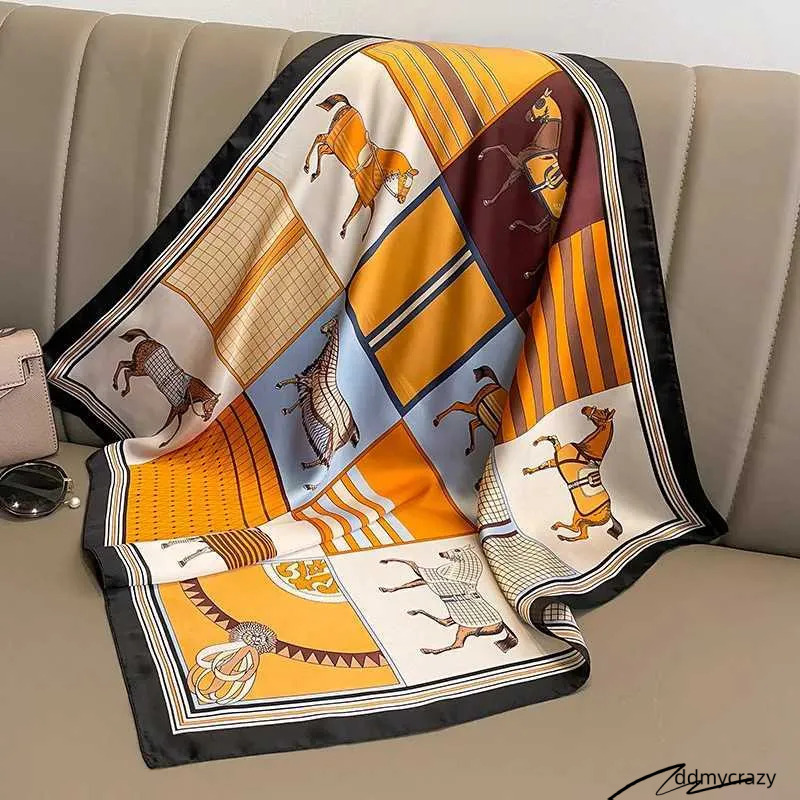 2023 Design Fashion Square Silk Scarf Womens Navy Blue And Printed Small Satin Shls Fountain Collar Headband Bandana W250118