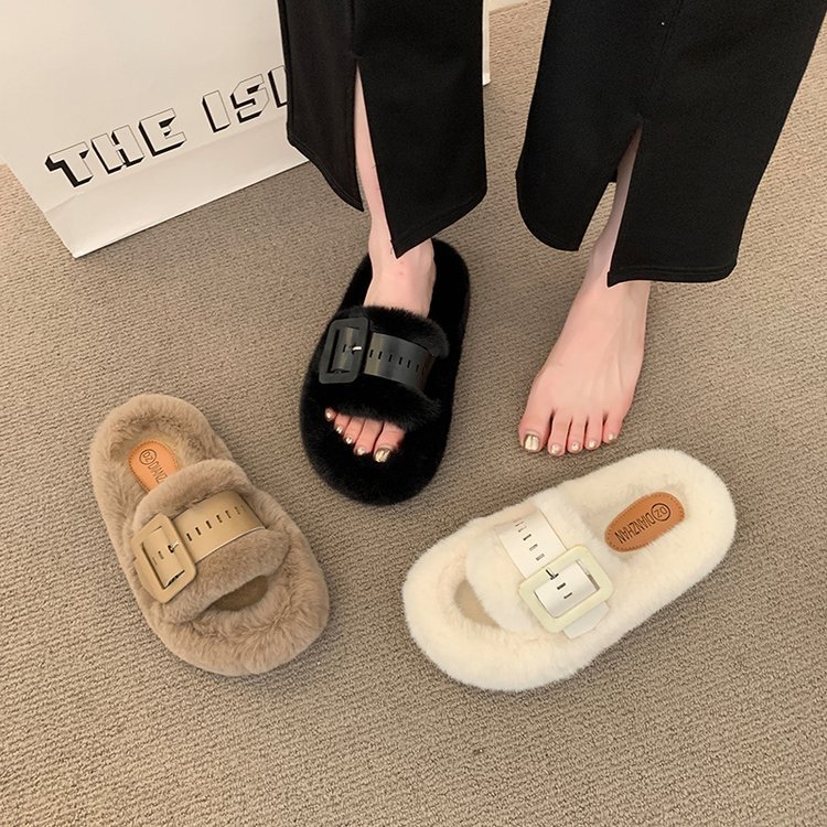 Free shipping designer slippers for womens flat slippers black beige khaki New autumn and winter fashion versatile plush slippers