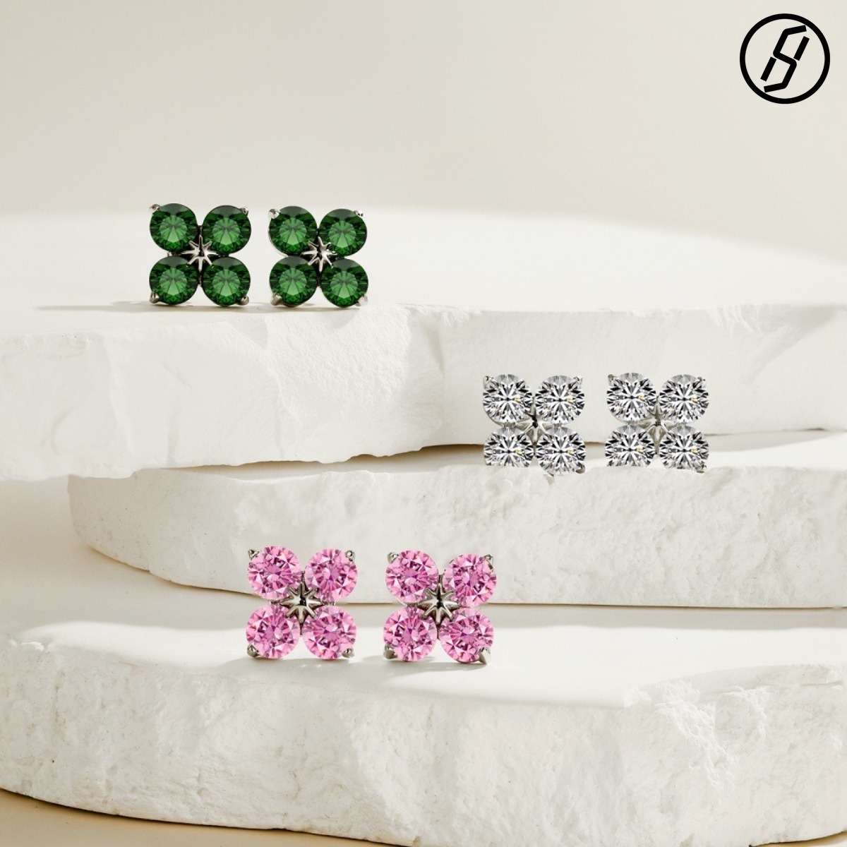 Fine Craft S925 Sterling Silver Zircon Four-petal Flower Earrings Retro INS Fashion Four-leaf Clover Earrings Designer Jewelry Original Jewelry Wholes