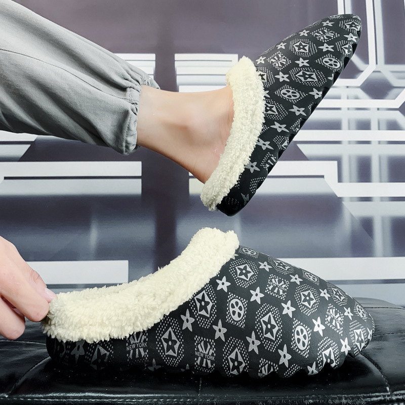 Designer slippers, cotton slippers, men's autumn and winter with heels, fleece warmth, indoor anti-slip bag, thick-soled home bread, home cotton 