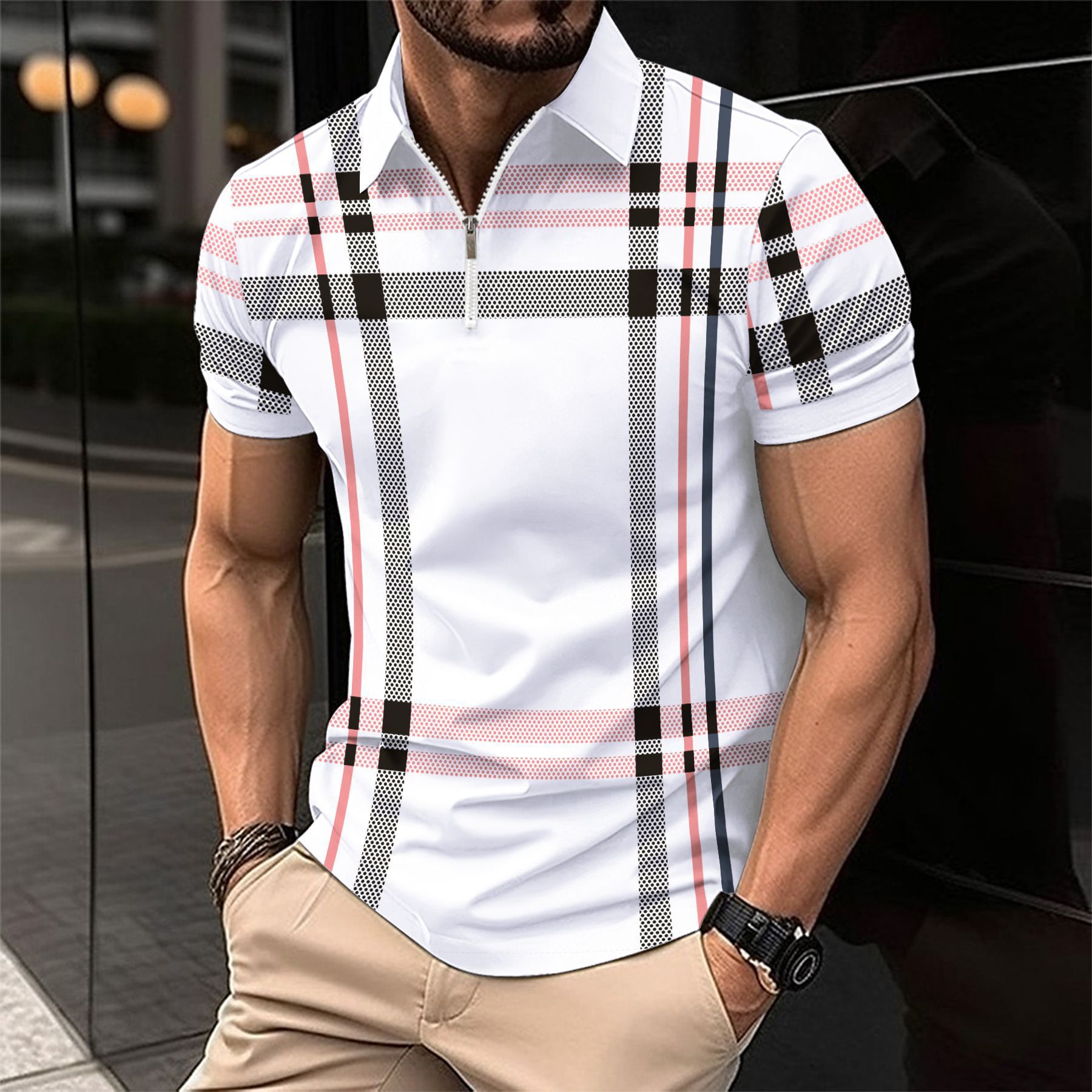 Mens Fashion Business Polo Shirt Summer Casual Short Sleeves Tops Plaid Pattern Print Button Loose Clothes