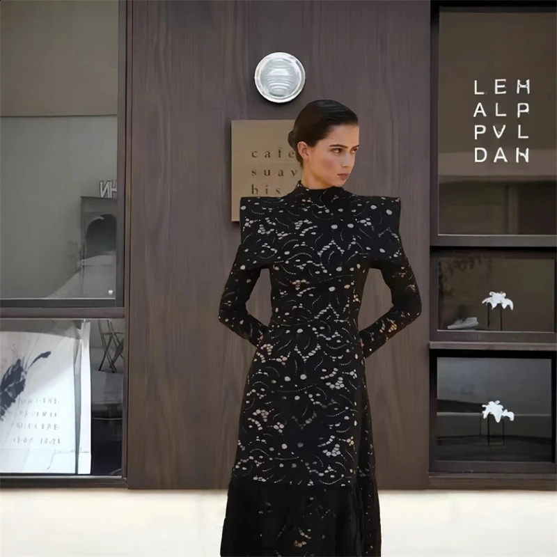 Elegant Hollow Out Long Dress Women High Collar Long Sleeve Slim Solid Dresses 2025 Spring Summer Patchwork Lady Party Robe 250912