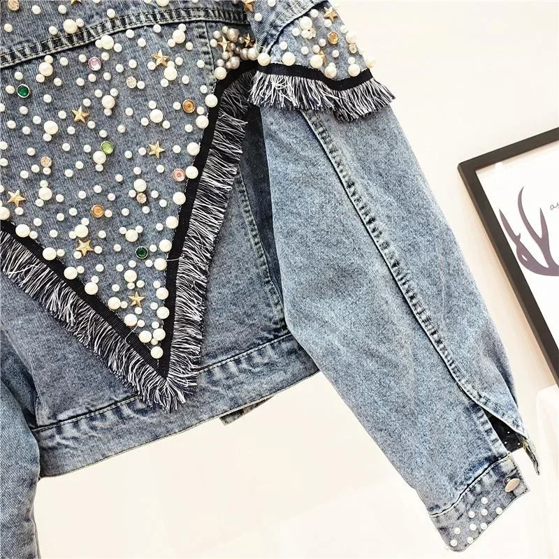 2024 Mujer Spring Autumn Streetwear Denim Jacket Women Handstudded Pearls Punk Tassel Veste Femme Loose Short Jeans Coats 250906