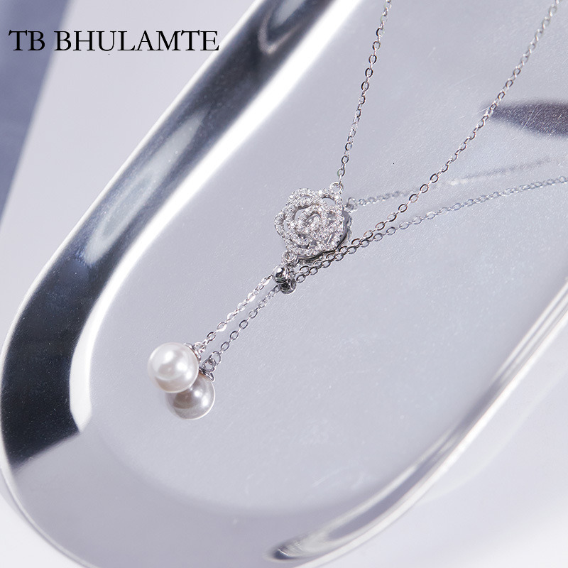 TB BHULAMTE S925 Pure Silver Camellia Accessories Pearl Pendant Necklace Women's Fashionable Niche High-end Luxury Designer Chain Jewelry Minimal