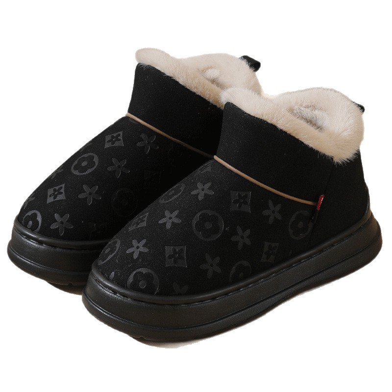 free shipping Fashionable printed home couple faux leather waterproof indoor anti slip home warm slippers with soft sole and plush cotton mop for wint