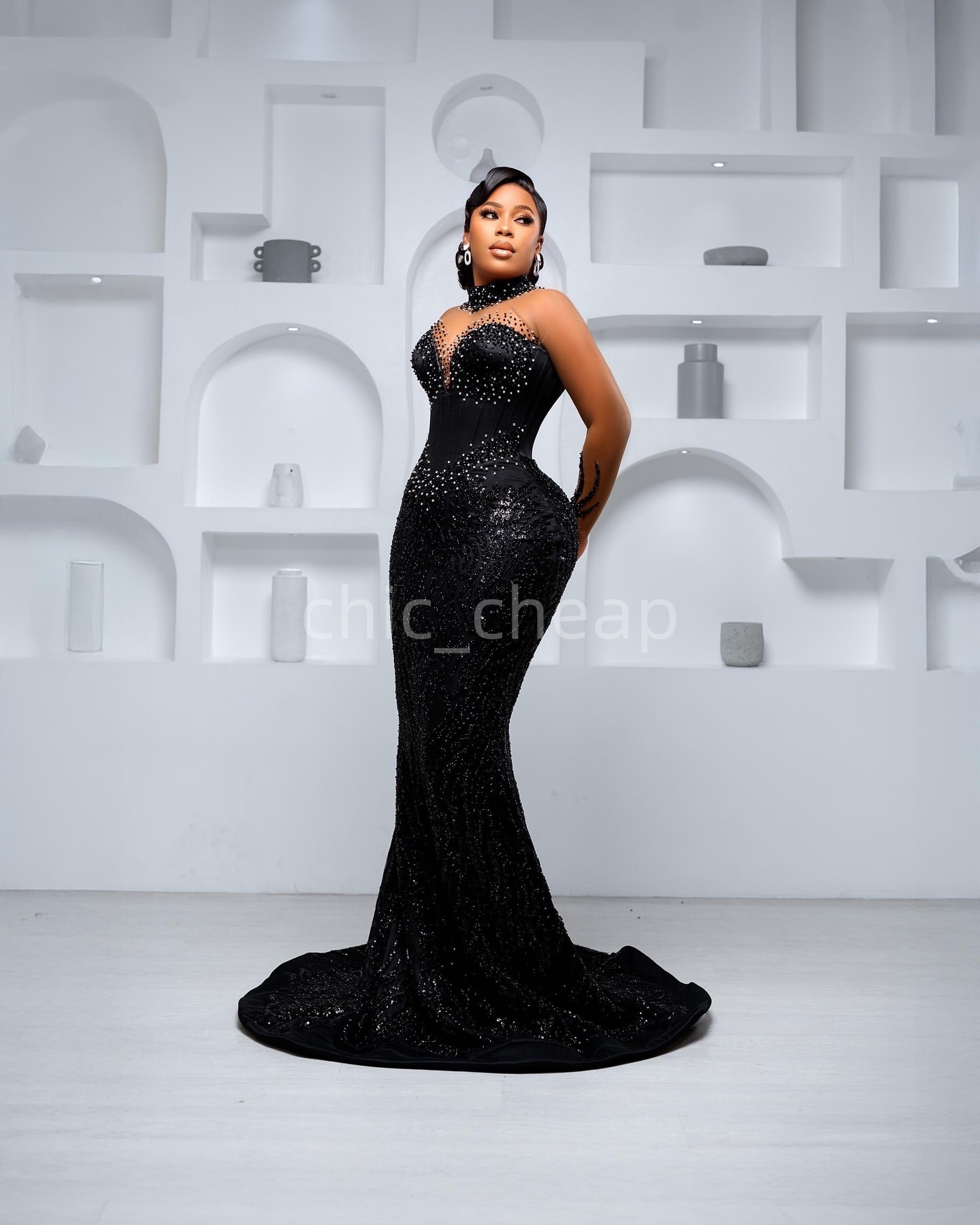 Aso Ebi Black Mermaid Prom Dresses 2025 Beaded Pearls Sheer Neck Evening Formal Party Second Birthday Engagement Gowns Plus Size Dress For Special Occ