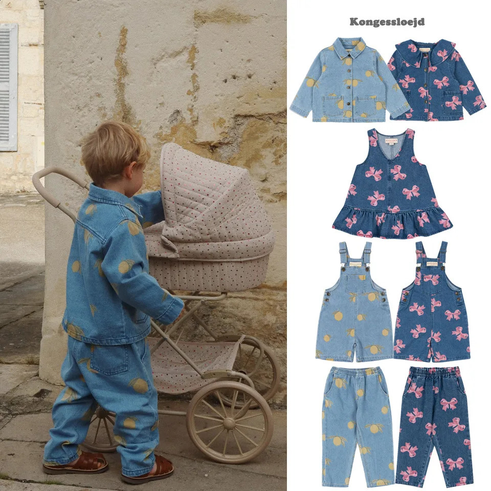 Konges Slojd SS Baby Boys Lemon Print Jackets Kids Clothes Retro Denim Jeans Overalls Set for Boys Girls Bow Tie Dresses Coats 250912