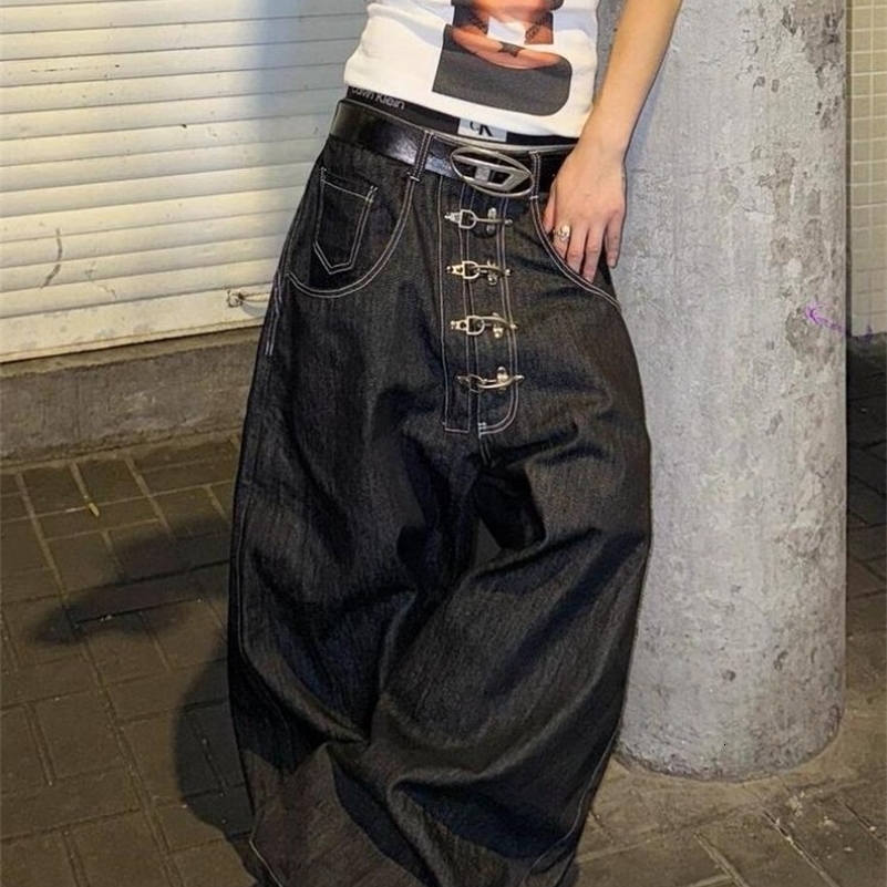 Womens Metal Buckle Curved Wideleg Jeans High Waist Straight Baggy Denim Pants Female Vintage Street Style Trouser Z260313