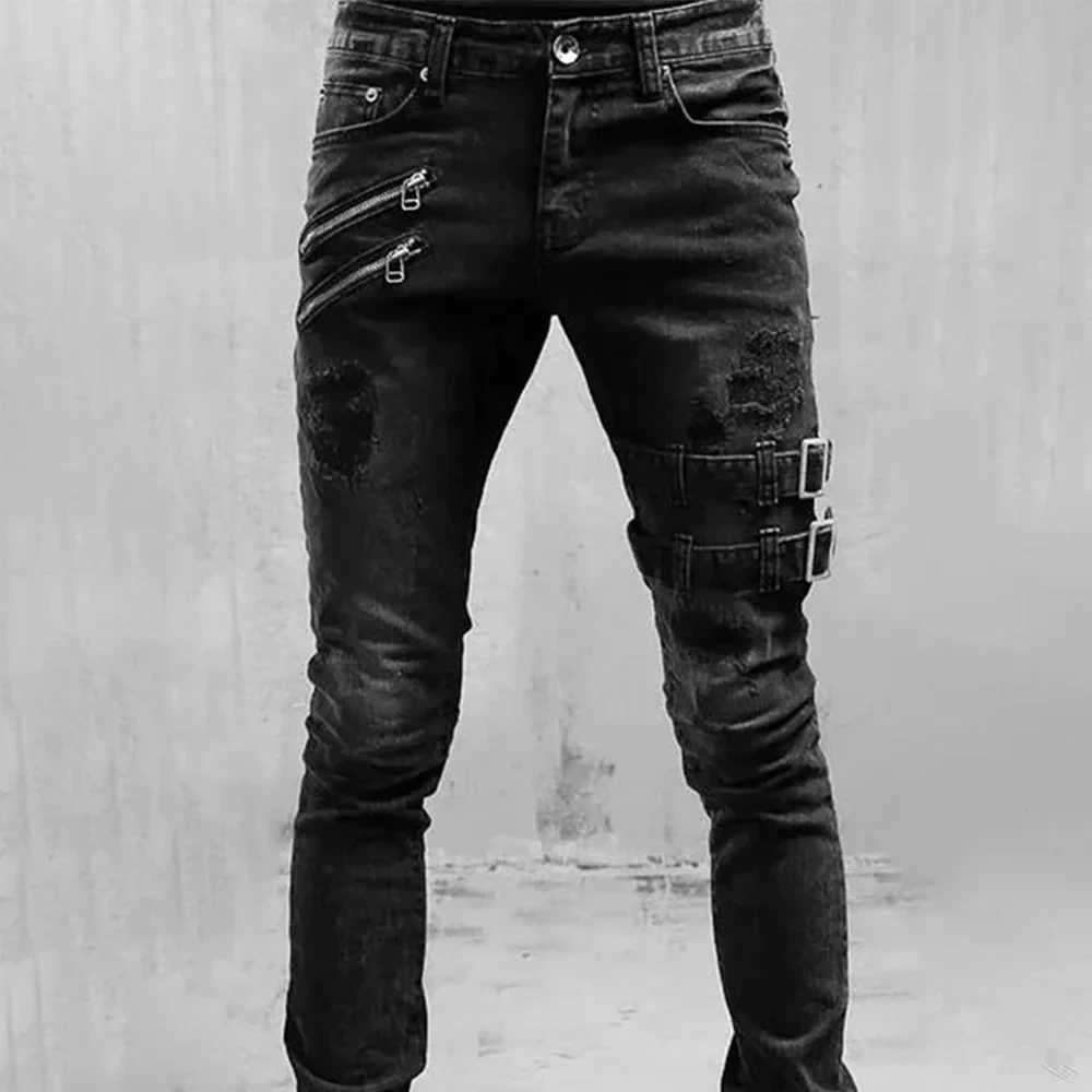 Retro Moto Biker Straight Elastic Jeans Men Zipper Hole Streetwear Punk Skinny Denim Cargo Pants Pantalones Hombre Y2K Clothing1 Y251105