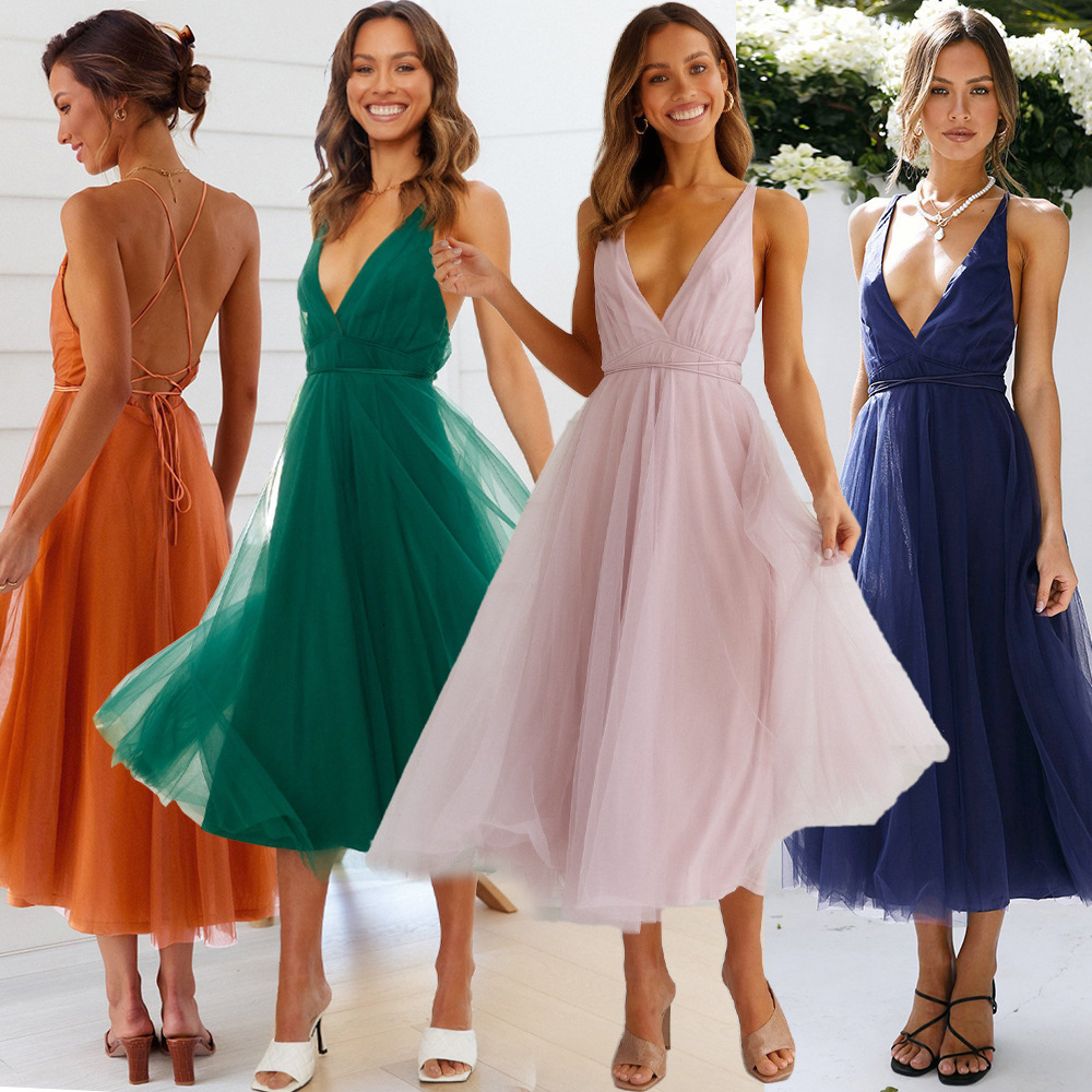 summer suspender dress sexy gauze elegant dress bridesmaid dress 210305