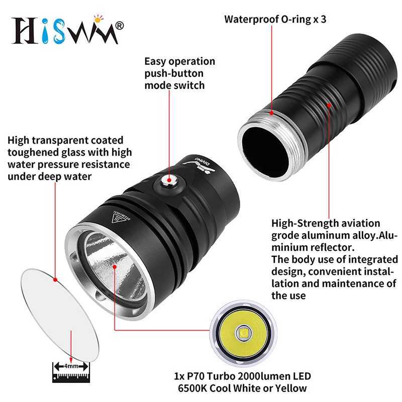 HISWN W76 2000LM P70 LED Diving Flashlight IPX8 18650 rechargeable led flashlight 5 Modes SOS for Scuba Fishing Hiking C250915