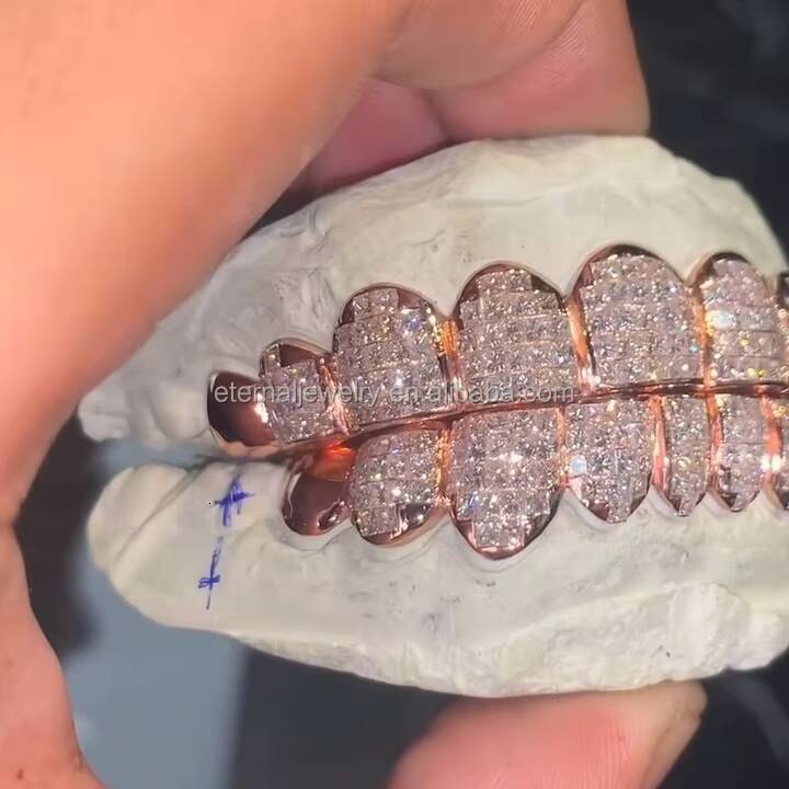 Flawless Princess Cut Invisible Setting Grillz Rose Gold Factory Custom 10 on 10 S925 Silver VVS Moissanite Lab Diamond Grillz