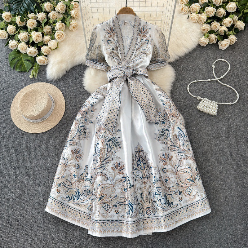 Summer Retro Paisley Print Long Dresses Womens V Neck Short Puff Sleeve Vintage Bandage Lace Up Boho Robe Vestidos Clothes 6269 240819