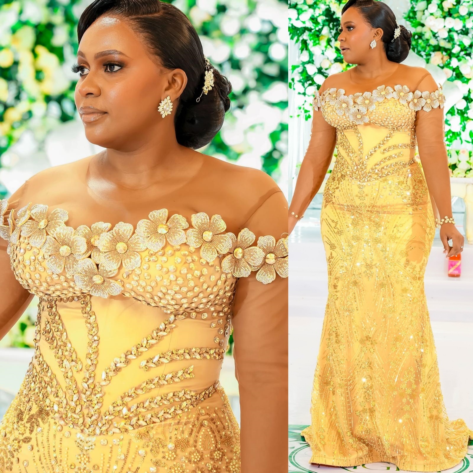 Aso Ebi Yellow Mermaid Prom Dresses 2025 Flowers Crystals Sequined Evening Formal Party Second Birthday Engagement Gowns Plus Size Dress For Special O