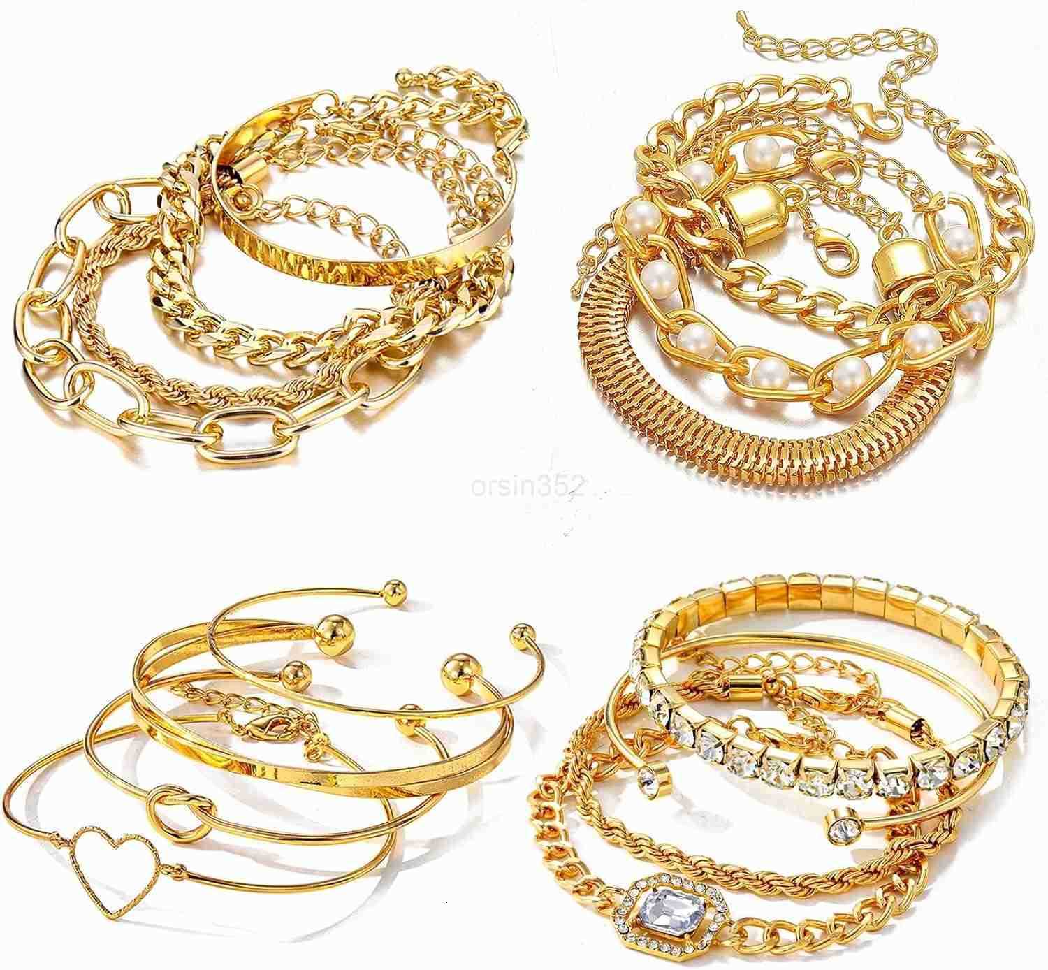 15 Pcs 14K Plated Gold Bracelets Set for Women Multiple Layered Stackable Open Cuff Bangle Adjustable Cuban Link Chain Tennis Bracelet Pack Dainty Cla