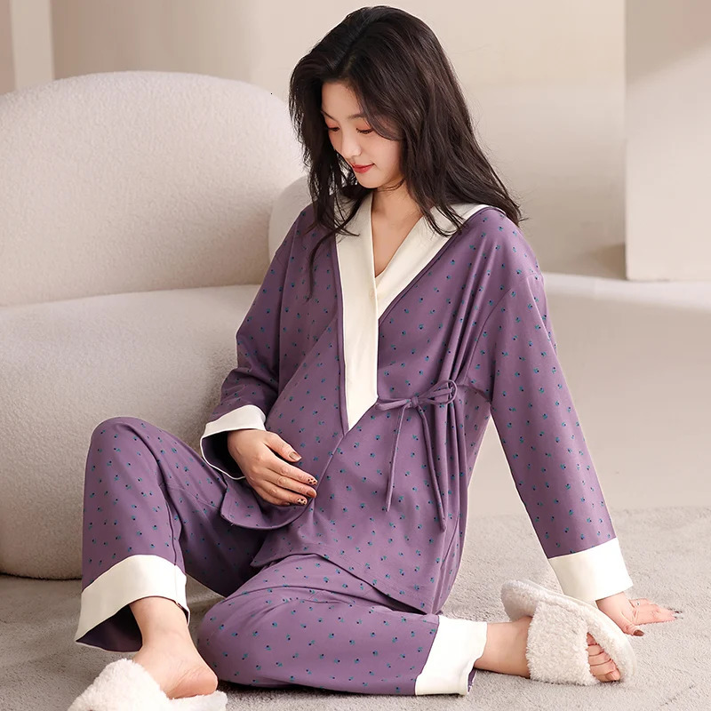 Autumn Postpartum Woman Breastfeeding Pajama Sets Long Sleeve Nursing Top ShirtsPants 2PCSSET Maternity Lactation Clothes Set 250915