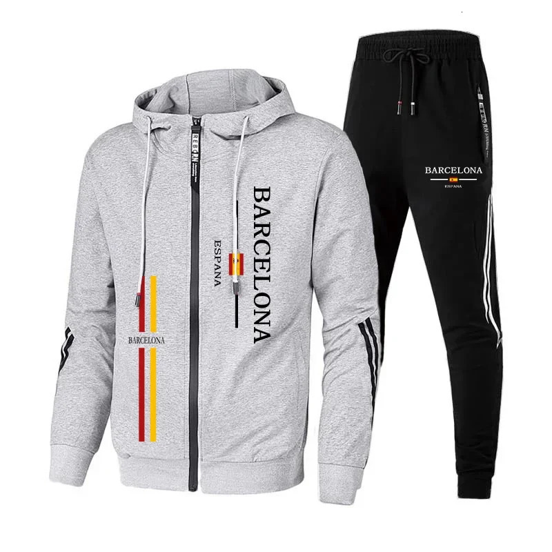 Fall Winter Daily Casual Sporty Jogger Set Gym Fitness Sportswear Barcelona Print Mens Tracksuit Zipup Hoodie Black Sweatpants 250915