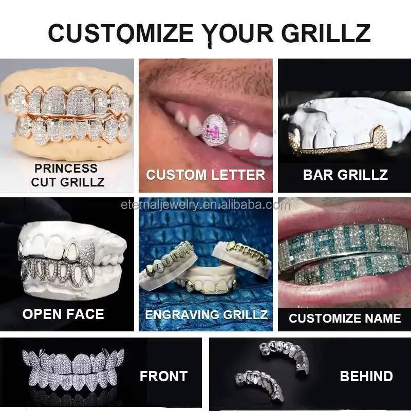 Flawless Princess Cut Invisible Setting Grillz Rose Gold Factory Custom 10 on 10 S925 Silver VVS Moissanite Lab Diamond Grillz
