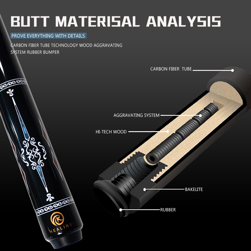 OKHEALING 1/2 Split Carbon Fibre Pool Cue Billiard Cue Stick Tip Diameter 12.5mm Radial Pin / 8 Teeth Joint Total Length 1474mm/58inch Weight 19Oz Bil