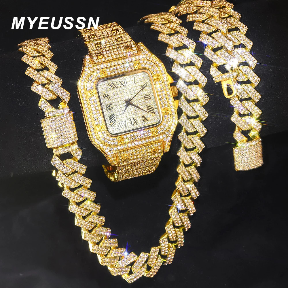 Gold Color Cuban Chain Watch for MenHip Hop Miami CurbIced Out Paved RhinestonesBling Rapper Necklace WatchBracelet Jewelry 250915