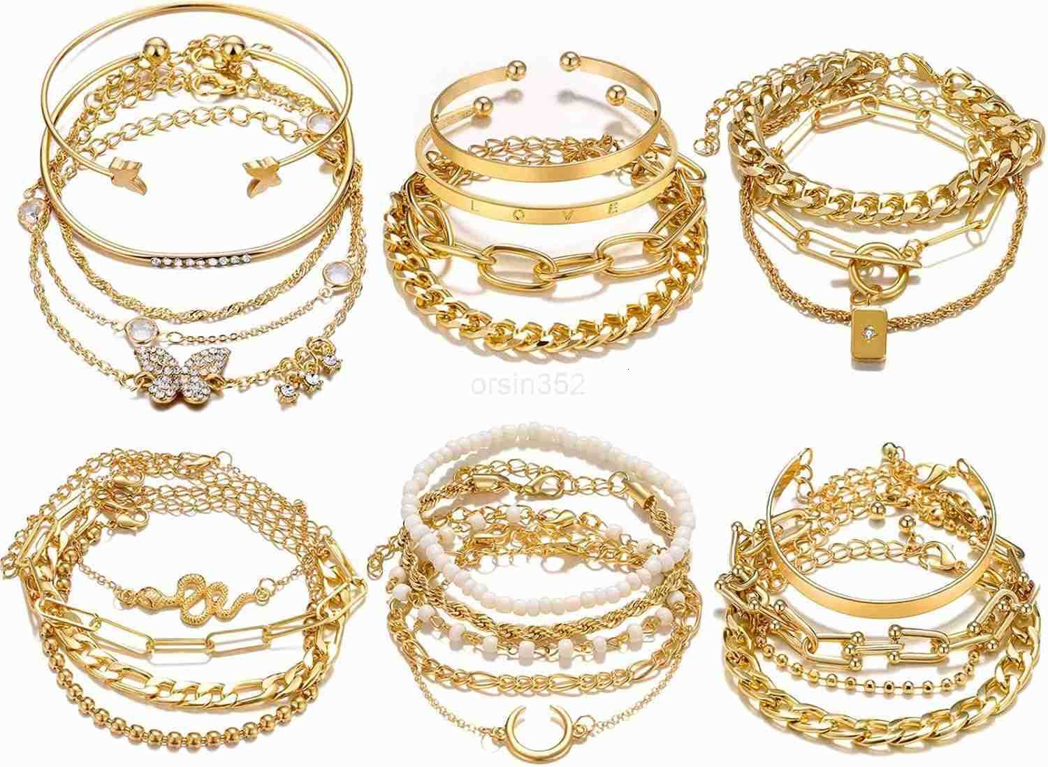 2425 Pcs 6 Pack 14K Gold Ankle Bracelets Set for Women Boho Stackable Bangles Cuff Charm Chunky Wrist Jewelry Y260117