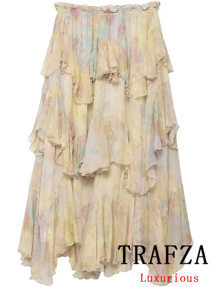 TRAFZA Vintage Flower Print Long Skirts High Waist Ruffles Chiffon Skirts Fashion 2025 Autumn Boho Holiday Party Skirts 250915
