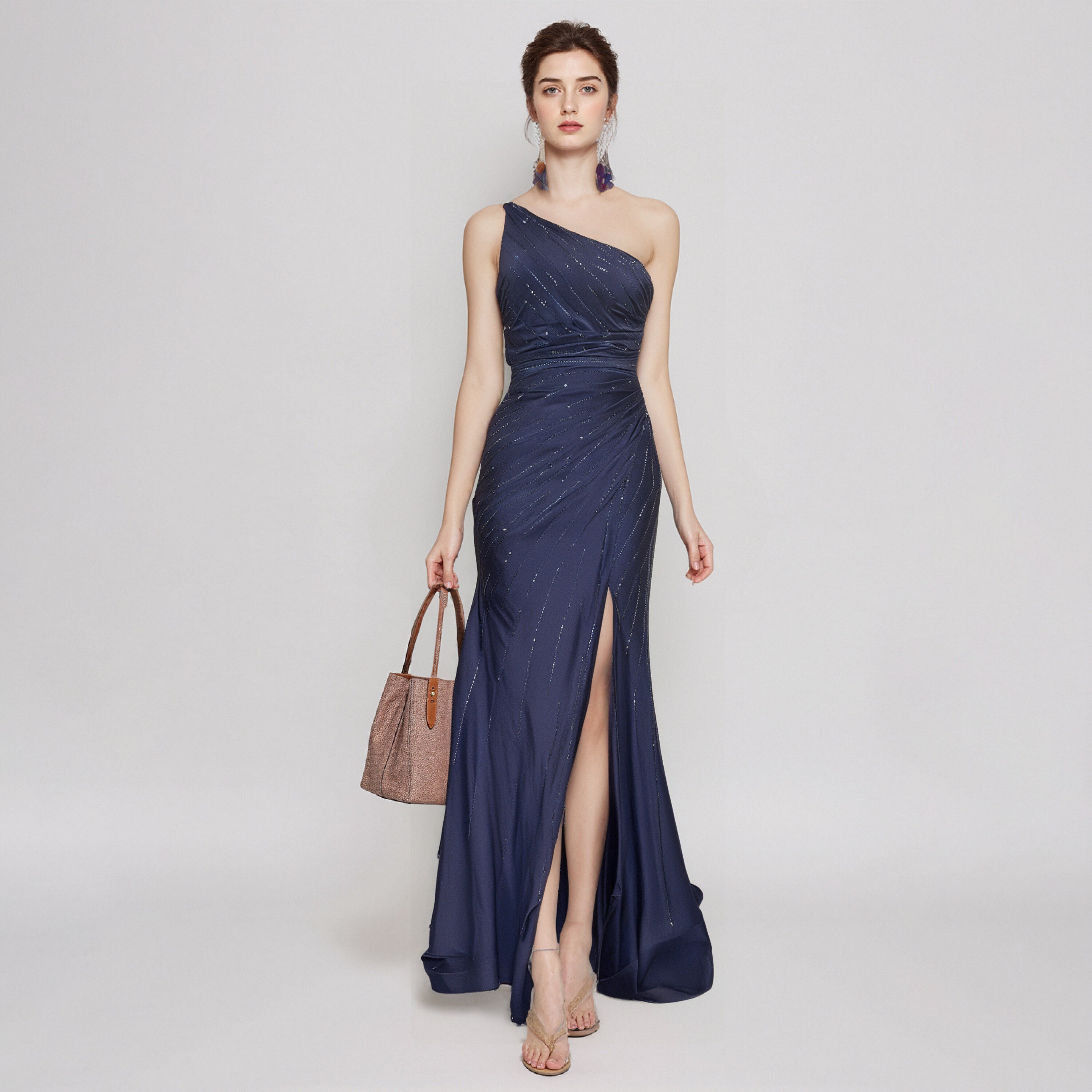 One - Shoulder Navy Blue Sequin Embellished Mermaid Evening Gown