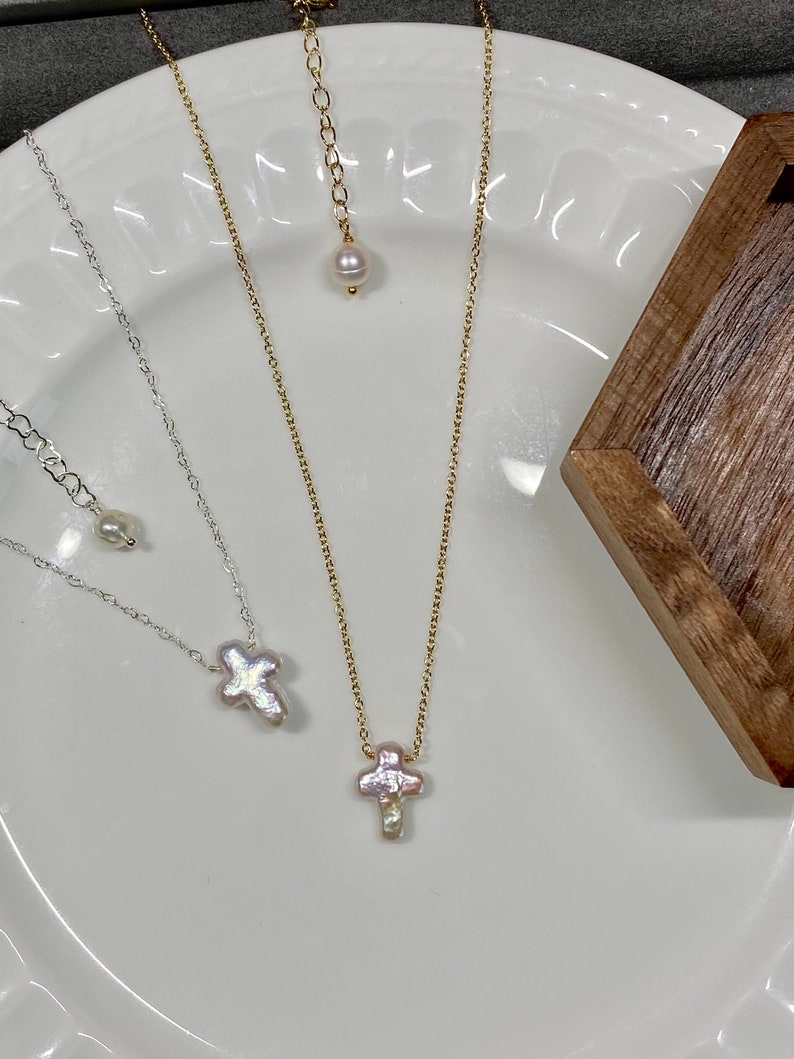 Minimalist White Baroque Cross Pearl Dainty Her Religious Necklace Gift for Shower