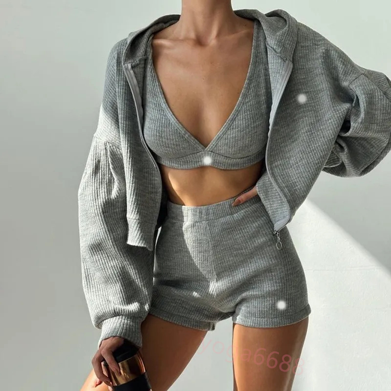 Yoga Top Sweatshorts Hoodie Three Pcs Set Womens Sport Suit Knitted Zipper Hooded Cardigan Sweatshirt V-neck Triangular Cup Chest