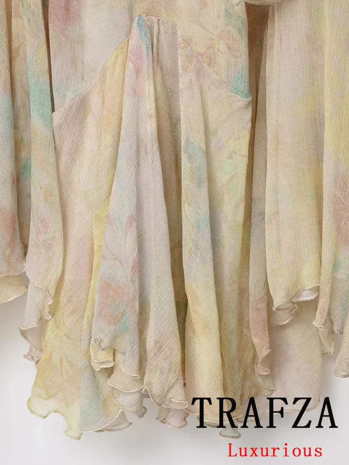 TRAFZA Vintage Flower Print Long Skirts High Waist Ruffles Chiffon Skirts Fashion 2025 Autumn Boho Holiday Party Skirts 250915