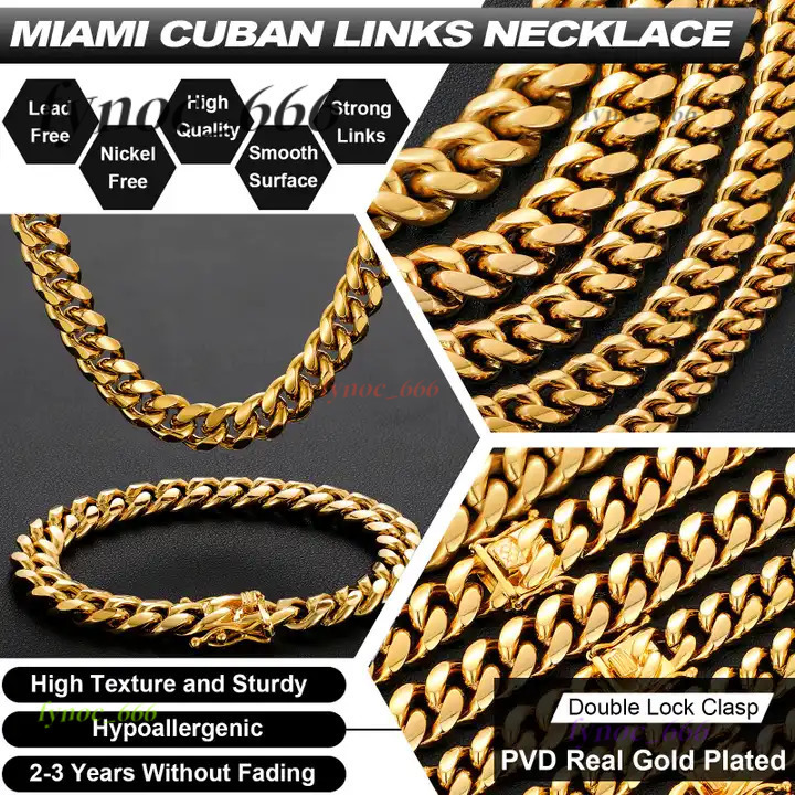 Fashion Jewelry Hip Hop Stainless Steel Jewelry Cuban Curb Link Miami Chain 14k 18k Gold Plated Bracelet Necklace for Men