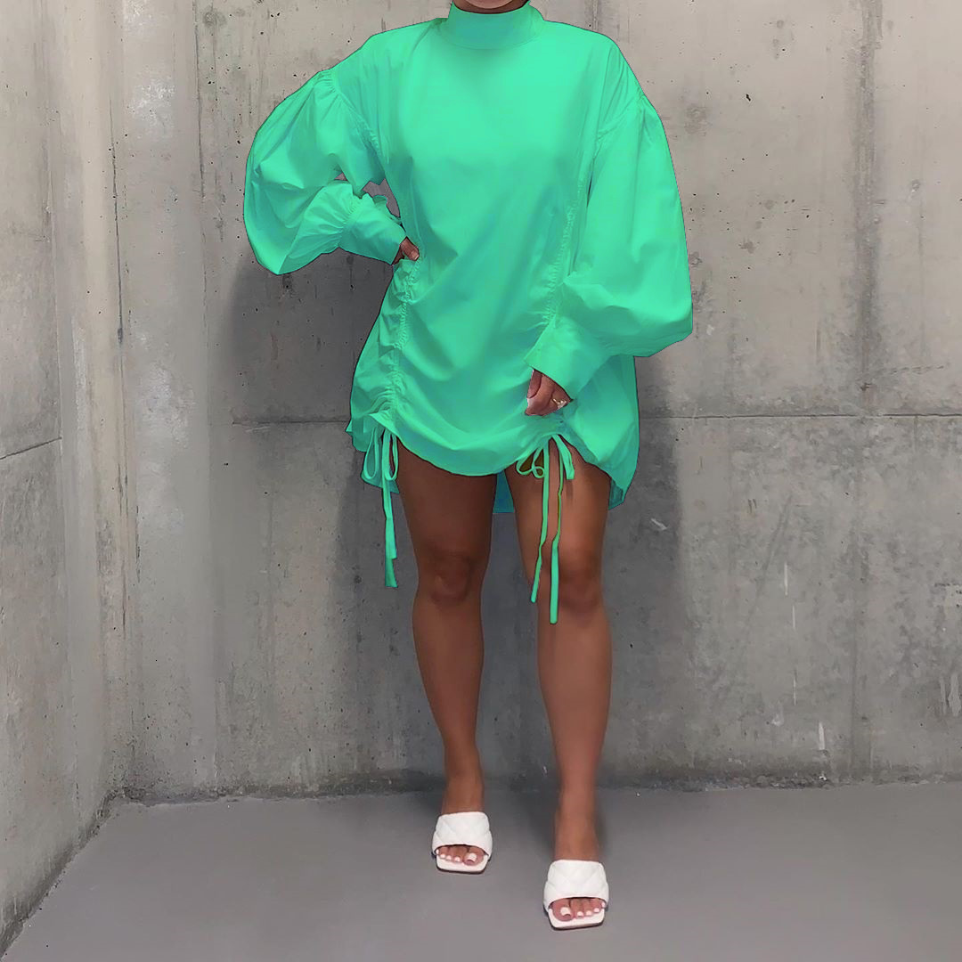 LW Plus Size Casual Half A Turtleneck Fold Shirt Dress Lantern Sleeve Loose Mock Neck Straight Drawstring Women Clothings 240819
