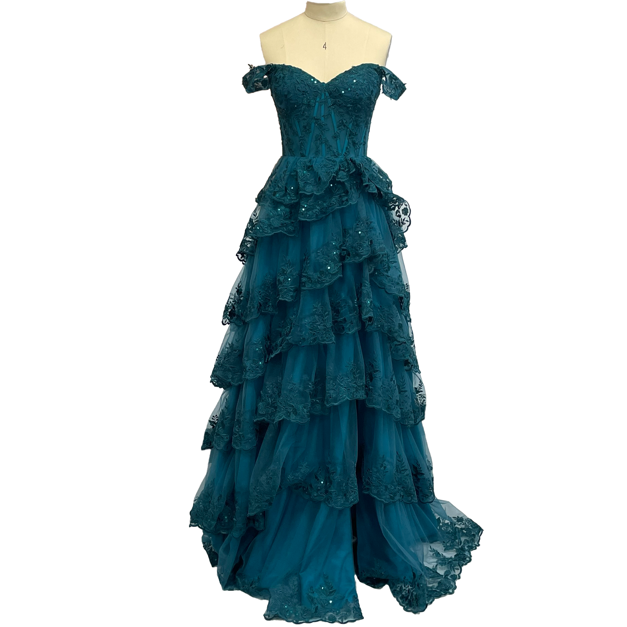 Evening Dresses Gorgeous Off - the - Shoulder Emerald Green Evening Gown with Layered Lace Ruffles and Sequin Embellishments