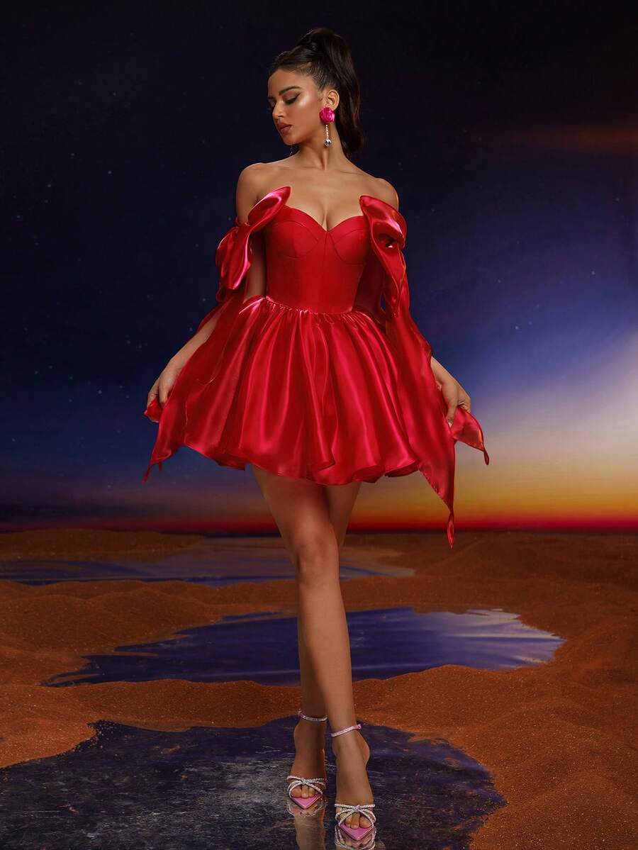 Red Homecoming Dresses Mini Cocktail Evening Party Gowns Off The Shoulder Short Prom Gown With Ruffles Mini Birthday Graduations Formal Dress Custom M