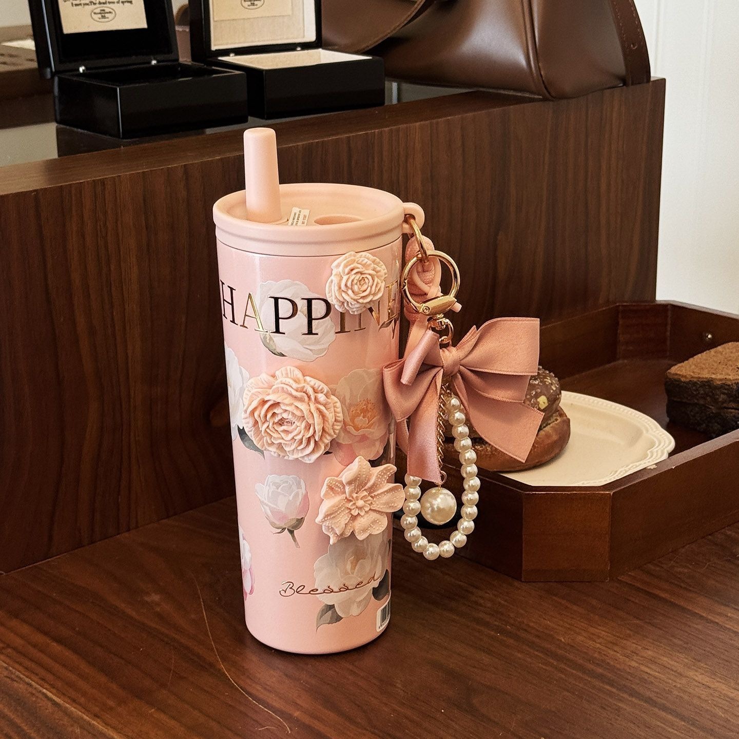 Camellia Ceramic Inner Liner Insulated for Women Coffee Travel Mug Portable Straw Water Cup High Aesthetic New Model 2025