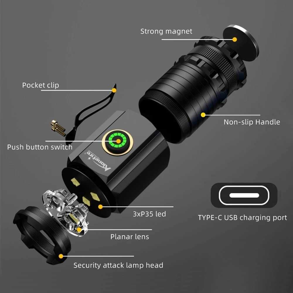 3xLed Mini High Bright Small Flashlight USB Rechargeable Work Rrepair Outdoor Hiking Fishing Camping Magnet Torch Lighting light C250915