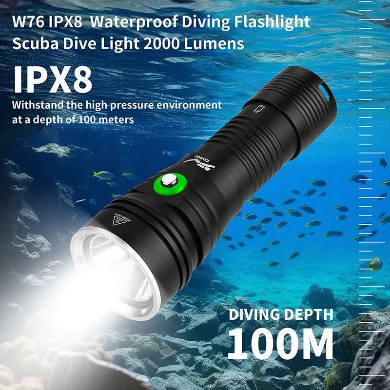 HISWN W76 2000LM P70 LED Diving Flashlight IPX8 18650 rechargeable led flashlight 5 Modes SOS for Scuba Fishing Hiking C250915