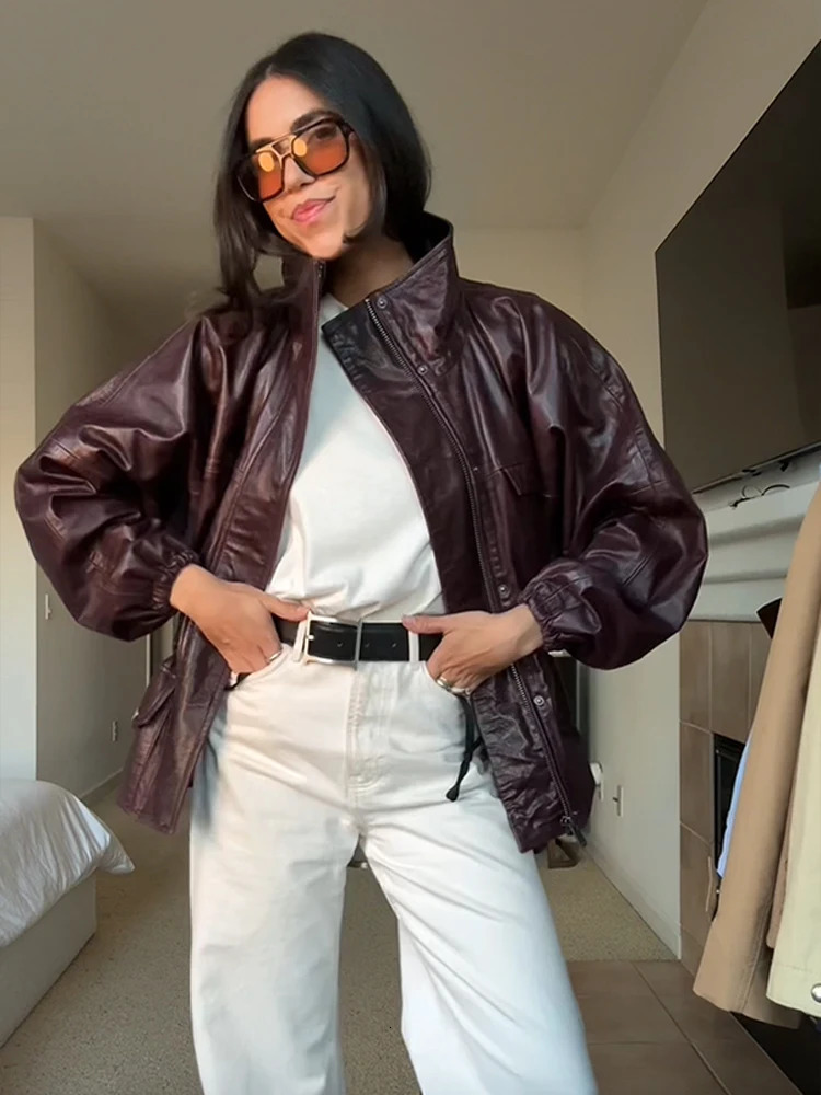 Standup Collar And Cinched Waist Leather Jacket Off Women Cool Pocket Zipper Coats Fashionable Daily High Street Outerwear 250910