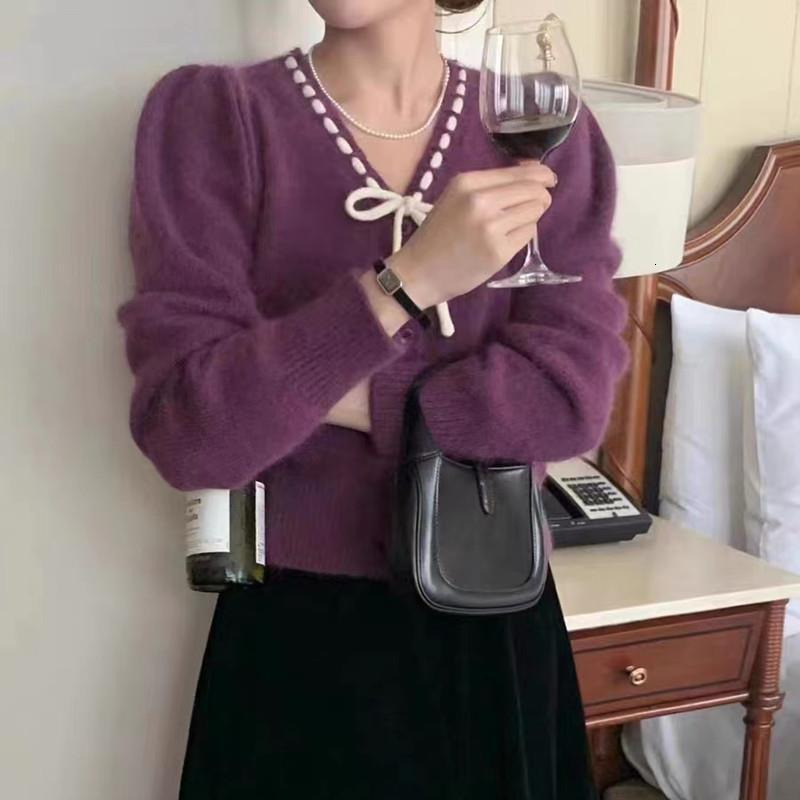 Spring and Autumn Sweet Fragrant Style Bow Tie V-neck Loose and Versatile Long Sleeve Knitted Cardigan Sweater