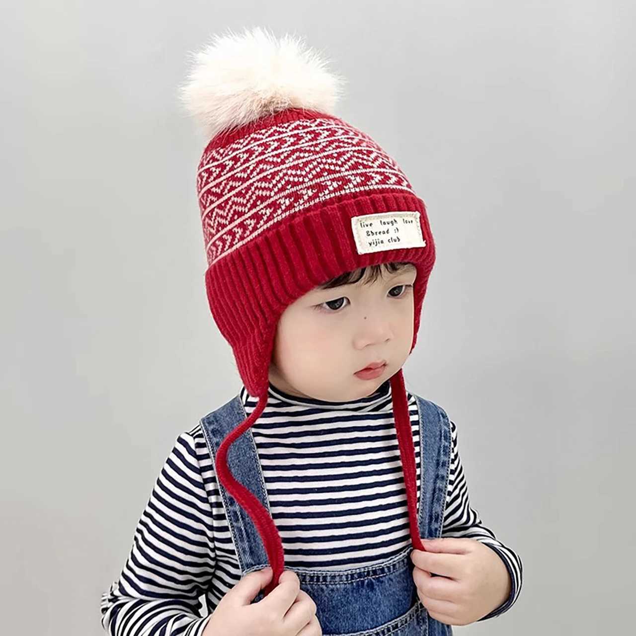 Children Plush Pompom Beanie Winter Warm Kids Ear Protection Cap 26Y Boy Girl Woolen Pullover Cap Fluffy Fur Ball Baby Knit Hat J250915