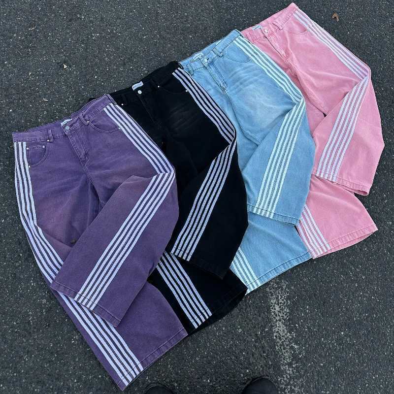 Gothic Men Baggy Jeans Y2K Retro Ten Stripes High Quality Unisex Streetwear Trendy High Street Casual Straight Denim TrousersXJ250915