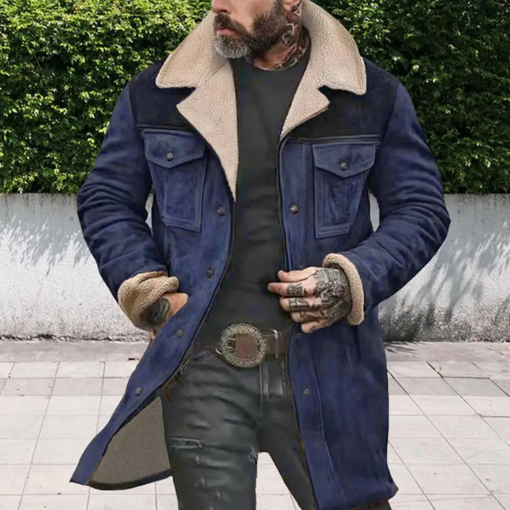 Suede Men Jacket Plush Lamb Wool Lining Lapel Winter Jacket Vintage Sheepskin Shearling Faux Genuine Leather Male Jacket Coat 250915