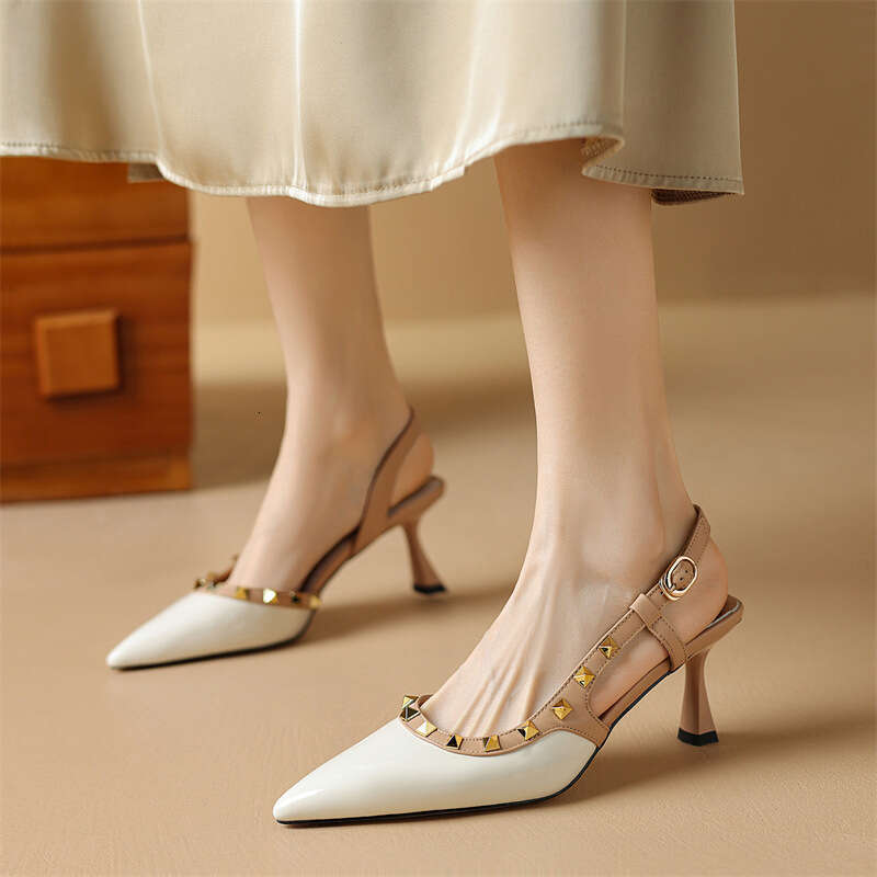 French Style 6cm Sexy Studded High Women 2025 Summer Closed Toe Backless Genuine Leather Sandals with Thin Heels