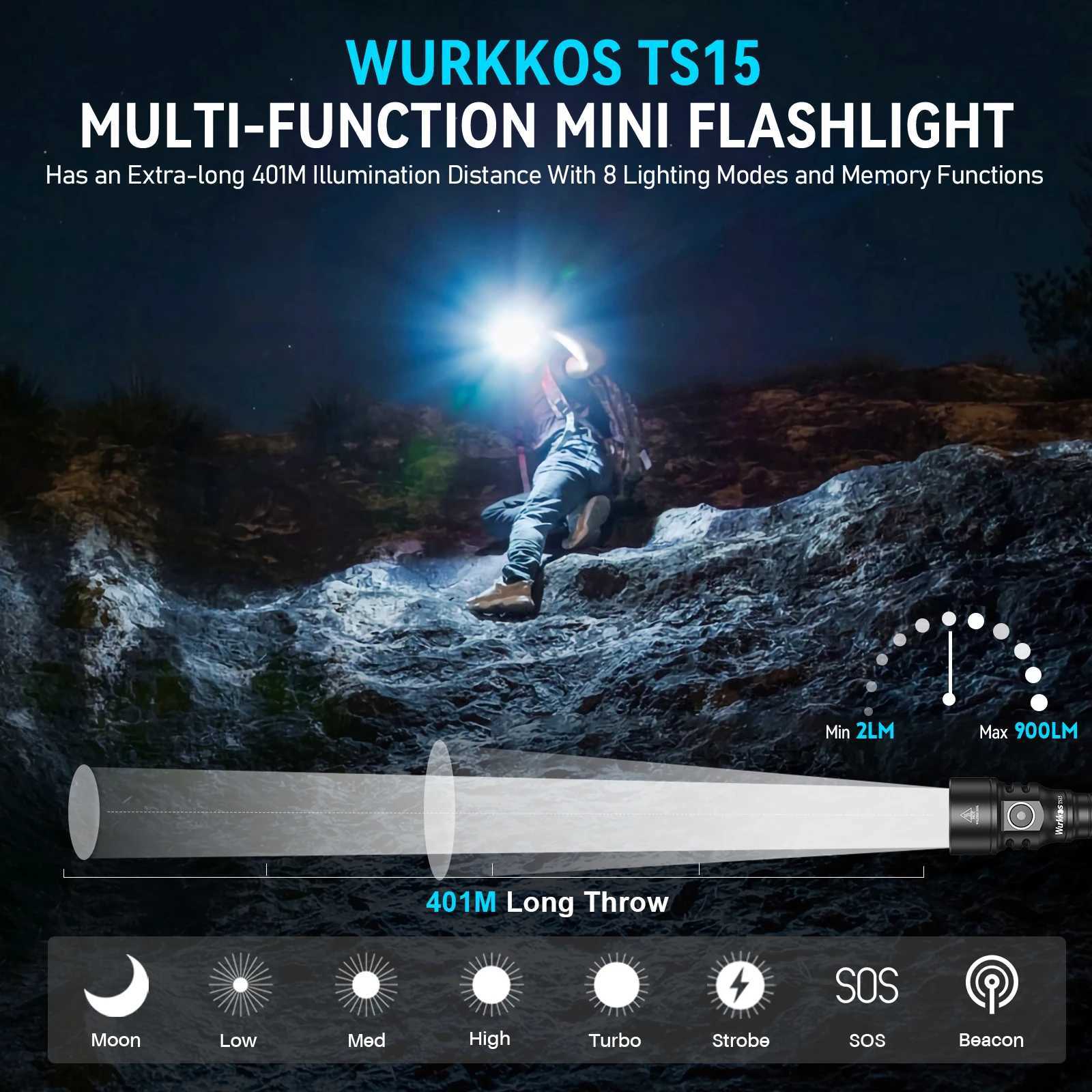 Wurkkos TS15 Mini Torch 900LM Rechargeable LED Flashlight 14500AA Portable Work Light IP68 Waterproof Magnetic Lamp for Hiking C250915